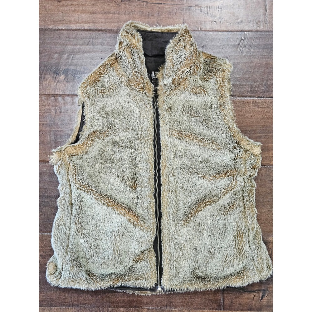 Y2k VTG Boho Rustic Gap Womens Reversible Faux Fur Vest Brown Full Zip L - Picture 5 of 8